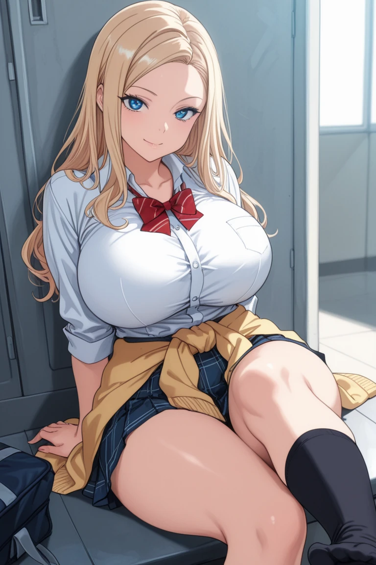 , (Spread your legs)、 (White panties), Female police officer, Blue Uniform、Mini Skirt Police、White shirt, sunny, Mature Woman, Anime Cel Style, Highest quality, High resolution, One Girl, (Large Breasts:1.2), Beautiful Face, Beautiful fingers, Beautiful long legs, Beautiful body, Beautiful Nose, Beautiful character design, blonde, bangs, blue eyes, Show Viewer, Cowboy Shot, blush、Embarrassed look、Nipples are visible、 、
