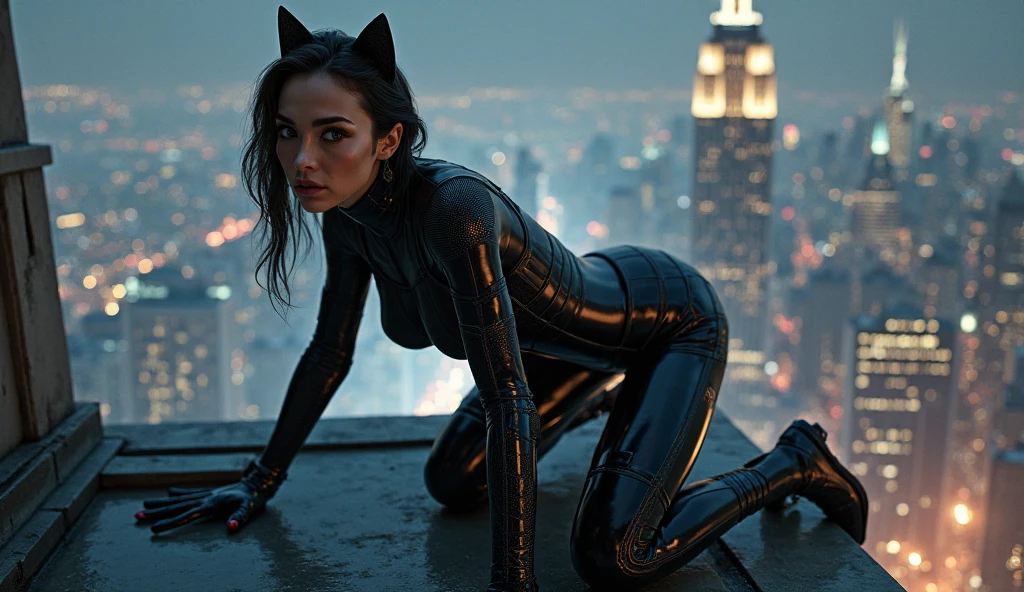(best quality,ultra-detailed),sexy catwoman,beautiful detailed eyes,beautiful detailed lips,leather suit,high heels,confident pose,dark mysterious background,night scene,sharp focus,physically-based rendering,vivid colors,portrait style,cool color palette,soft lighting