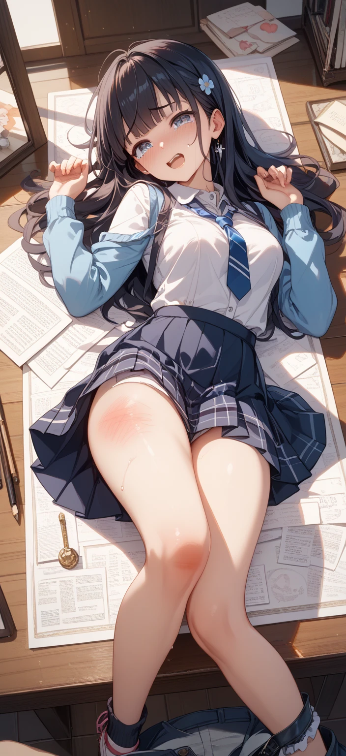 (A young attractive woman, very busty, long black messy hair like she just woke up, confused embarrassed expression, white open blouse revealing her light pink bra, black skirt unzipped at her ankles, soaked pink panties, red scarf) she is hot and flustered lying on her back on her desk legs spread, her body is being rocked as if she was having hard sex (breasts bouncing, body rocking back and forth), her panties and thighs are soaked with her cum. (subject 2: In the back of the class room a girl is drawing arcane symbols on her work papers and watching her teacher with an evil grin)