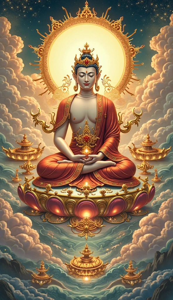 Ksitigarbha Bodhisattva,digital painting of a monk sitting on lotus flower,holding staff,glowing beads in his hand, halo around his neck,crown, mist,cloud, lotus pond <lyco:Ksitigarbha:0.7>