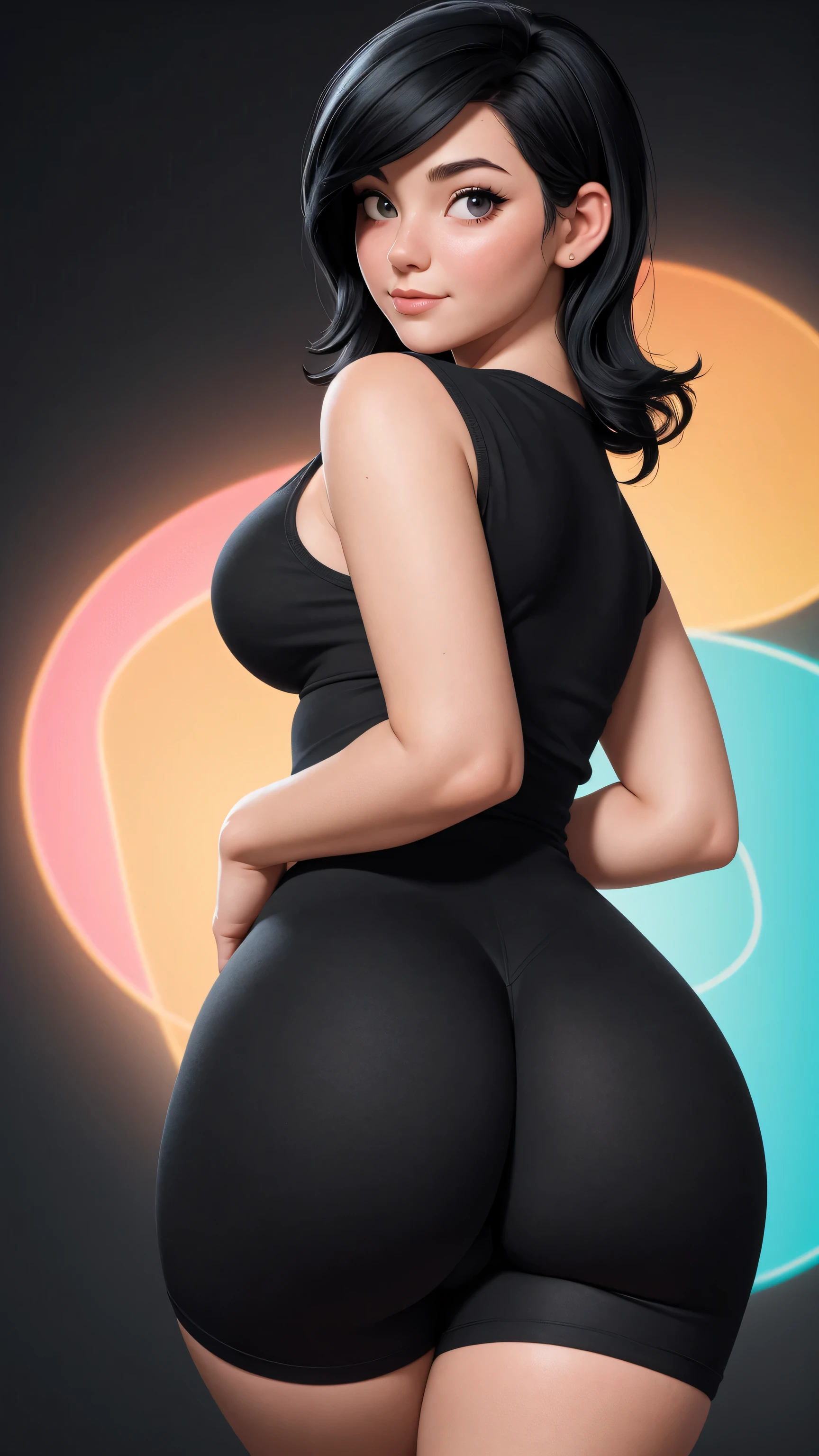 (Best quality, 8k, 32k, Masterpiece, UHD:1.2), latina woman, full body, from behind, big breasts, (thick body1.2) long shag haircut, black hair, (Open Back Blouse), Open-Back Panties, kitten heels, intricate details, (alluring pose:1), (pop art:1.2), trending on artstation, <lora:add_detail:1.2>