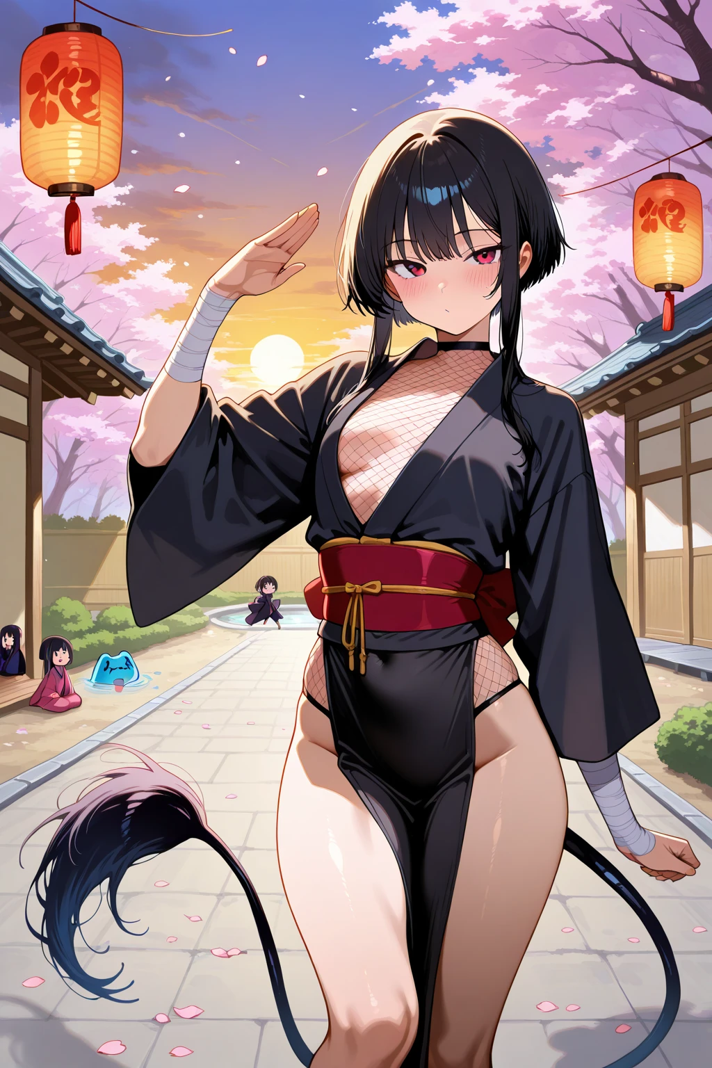 masterpiece, (pink kimono), seductive face, good lighting, low-cut, fine details, masterpiece, girl, black hair, gag, Nezuko Kamado, ouside,sakura tree,night time,masterpiece, best quality, POV,normal size tits, wide hips,show tits,show