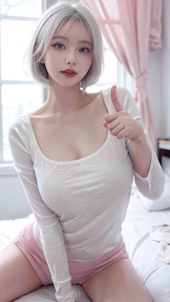 Best image quality、RAW Photos、超A high resolution、21 years old Korean、Small breasts、Dynamic Angle、Cowboy Shot、Chaos in its most beautiful form、elegant、Brutalist Design、Vibrant colors、Beautiful white hair、Short Bob、smile、fun、smile、Glowing White Skin、Beautiful eyes with random colors、Very thin lips、Beautiful eyes in every detail、length, Narrow eyes、Cheeks are pale pink、length eyelashes、Beautiful double eyelids、eye shadow、Bright white hair、Crop top、See-through outerwear、Vibrant colors、Flared skirt、Bright room、Shooting from the side、Pointing up、Hand gestures