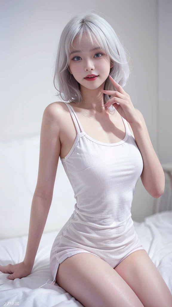 ((Realistic lighting, Best quality, 8K, Masterpiece: 1.3)), Focus: 1.2, 2girl, Perfect Body Beauty: 1.4, Slim Abs: 1.1, (( white Hair)), (Aqua Dress: 1.4), (Indoor, Night: 1.1),(lying with legs:1) , (top view:1.3) , Bathroom, Super Fine Face, Fine Eyes, Double Eyelids, sexy , charming , flirting