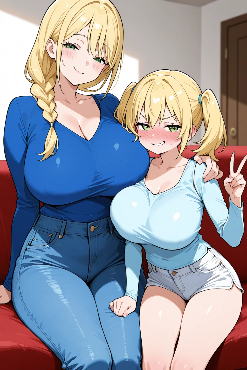 2heads, a short chubby woman with 2 heads. She has enormous breasts. She is very chubby and short. She is wearing winter attire. She is outside on a snowy day. She has gigantic breasts. She has a warm personality. She is smiling. She has a motherly appearance.