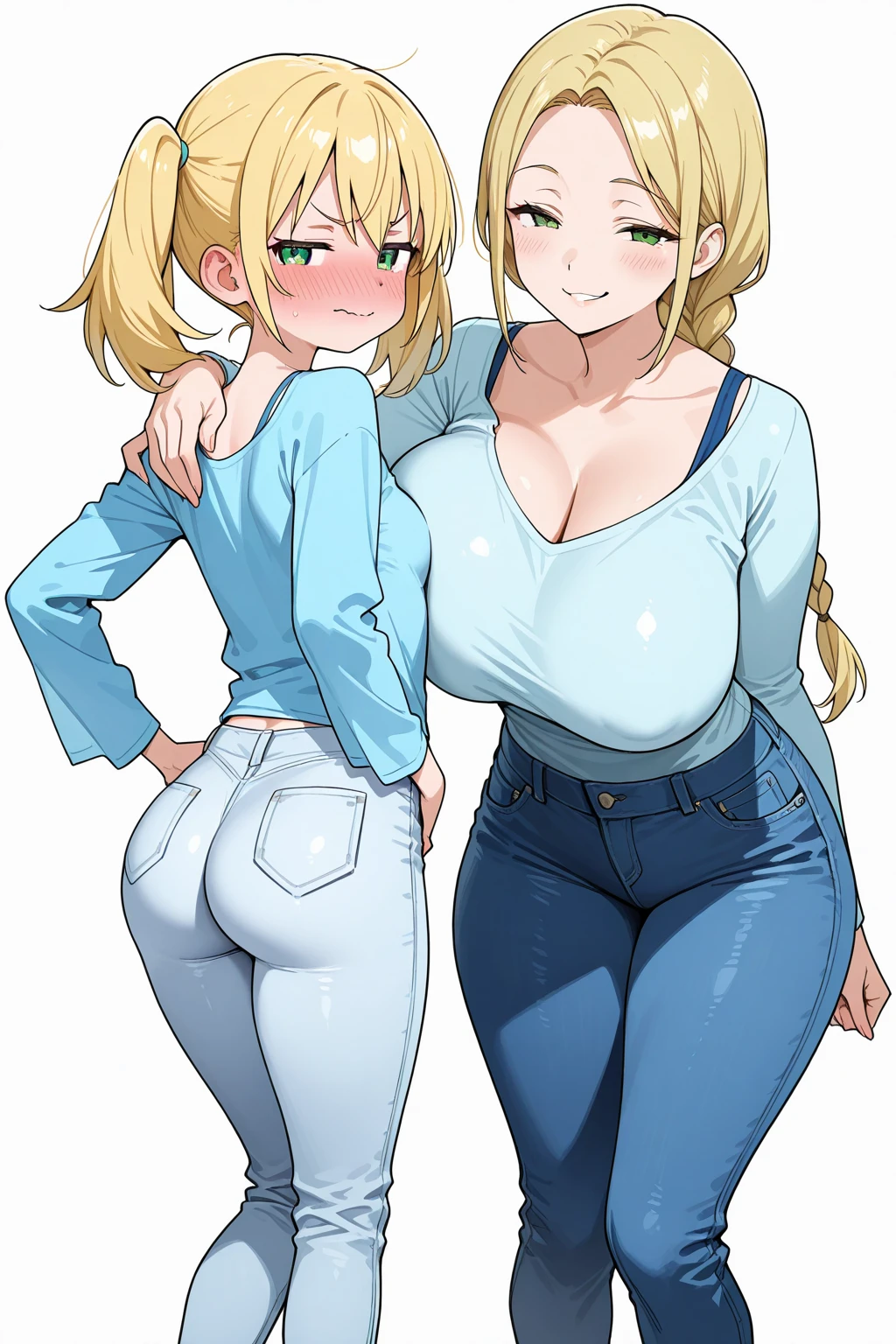 art by kipteitei, ((Masterpiece, best quality, perfect lighting, amazing shading)), perfect anatomy, field of depth, extremely beautiful, long blonde hair, hair ribbons, green eyes, ribbed sweater, leggings, cute smile, (chubby), high waisted belt, (cowboy shot), (elegant pose), simple background
