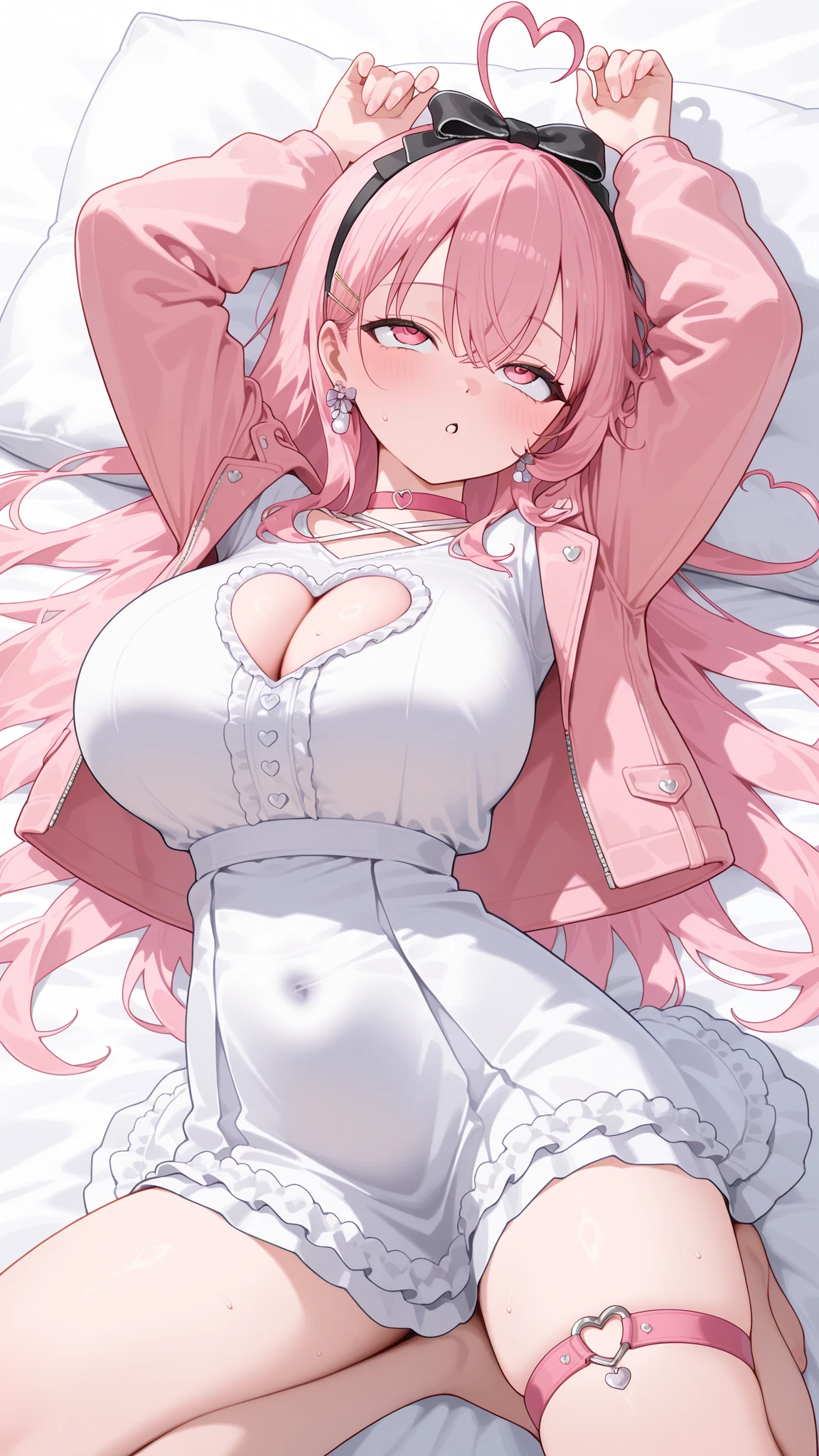 Best Quality,Detailed and cute eyes,Very cute face,(Solo Girl),(gigantic breasts:1.5),(Pink hair),(low twintails:1.6),Scrunchie,Big light blue eyes,Very happy smile,Open your mouth wide,View Viewer,BREAK,(white oversized hoodie,Front zipper,choker,Black Pantyhose,Covered breasts:1.5),(bedroom,lying,Place your hands on your chest:1.5),Cowboy Shot,(Dynamic Pose,Dynamic Angle),