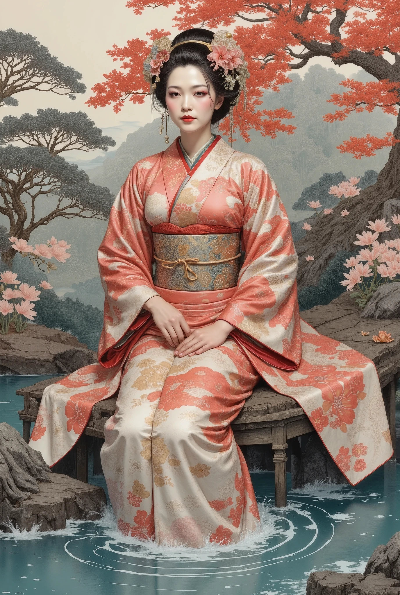 Detailed proportions and textures, made with multicolor spray paint and airbrushing, , presents a semi-realistic illustration, ornaments, a color dominated by the character's bright and rich tones, contrasting with the matte and warm tones of the (full body, confident pose, bright eyes, well-defined eyebrows, long lashes, Perfect face, plump lips, average, round chest, flat stomach, wide hips, Thin waist, thick thighs) (RAW photo), A young Japanese woman from the Edo era takes off her kimono in hot springs. The floors of the kimono are open, bared shoulders, голая average грудь с ложбинкой, flat stomach с пупком и темные лобковые волосы. Her hair, arranged in an intricate hairstyle, background, decorated with intricate pins and. The open kimono is richly decorated with floral motifs in shades of white, grey, style and silver-blue. Background - a landscape with hot springs (Japanese) style, that draws attention to the subject and adds depth to the illustration (inspired by paintings "amounts" and traditional Japanese myths). character a very balanced saturation in very clear color palettes (with intense monochrome shades and brightness, red 25% +  yellow 25 % + blue 25 % +  biofluorescent 12 .5% ​​​​​​​​​​​​​​+ transparency 12 .5%). Aesthetic fusion (A realistic Geisha cosplay.  Fibonacci ratio . Geisha (Including various shades of dark pink and beige, that create contrast and brightness) Character type. Fluid texture that gives the sensation of movement to the leafy style that molds to the figure (Her embossed and pleated clothes add volume and depth to the character). haute couture photo shoot (Full-length photo, perspective from her). (Чрезвычайно подробные 8k Unity CG обои), (best illustration), ( best shade ), Realistic lighting, detailed and beautiful radiance.  High and low corners . style fusion of Coco Chanel,  Gianni Versace ,  Alberto Vargas 