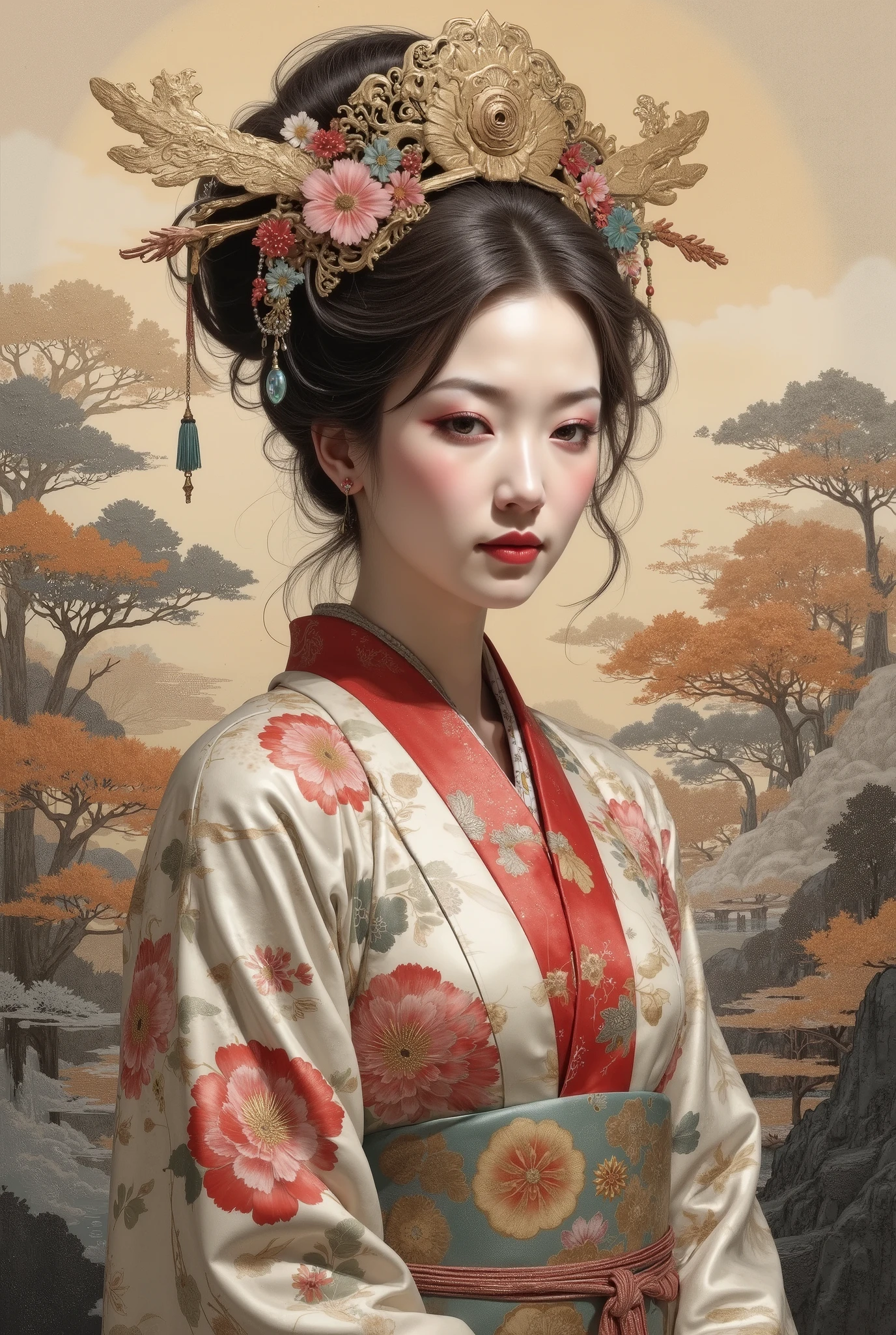 Detailed proportions and textures, made with multicolor spray paint and airbrushing, , presents a semi-realistic illustration, ornaments, a color dominated by the character's bright and rich tones, contrasting with the matte and warm tones of the (full body, confident pose, bright eyes, well-defined eyebrows, long lashes, Perfect face, plump lips, average, round chest, flat stomach, wide hips, Thin waist, thick thighs) (RAW photo), A young Japanese woman from the Edo era takes off her kimono in hot springs. The floors of the kimono are open, bared shoulders, голая average грудь с ложбинкой, flat stomach с пупком и темные лобковые волосы. Her hair, arranged in an intricate hairstyle, background, decorated with intricate pins and. The open kimono is richly decorated with floral motifs in shades of white, grey, style and silver-blue. Background - a landscape with hot springs (Japanese) style, that draws attention to the subject and adds depth to the illustration (inspired by paintings "amounts" and traditional Japanese myths). character a very balanced saturation in very clear color palettes (with intense monochrome shades and brightness, red 25% + yellow 25 % + blue 25 % + biofluorescent 12 .5% + transparency 12 .5%). Aesthetic fusion (A realistic Geisha cosplay. Fibonacci ratio . Geisha (Including various shades of dark pink and beige, that create contrast and brightness) Character type. Fluid texture that gives the sensation of movement to the leafy style that molds to the figure (Her embossed and pleated clothes add volume and depth to the character). haute couture photo shoot (Full-length photo, perspective from her). (Чрезвычайно подробные 8k Unity CG обои), (best illustration), ( best shade ), Realistic lighting, detailed and beautiful radiance. High and low corners . style fusion of Coco Chanel, Gianni Versace , Alberto Vargas