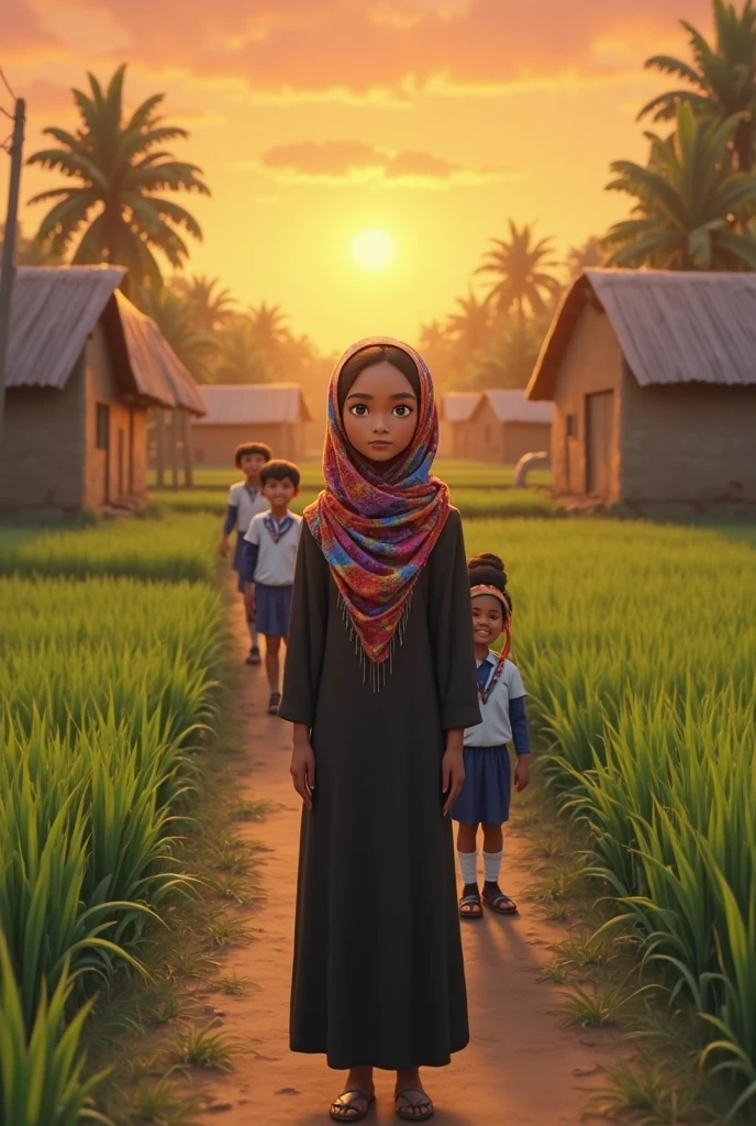 "Generate a hyper-realistic unique image of a 10-year-old girl from Chad with authentic Chad features, skin colour, eyes, dressing, real, set against a realistic city background, showcasing the best quality and intricate details."