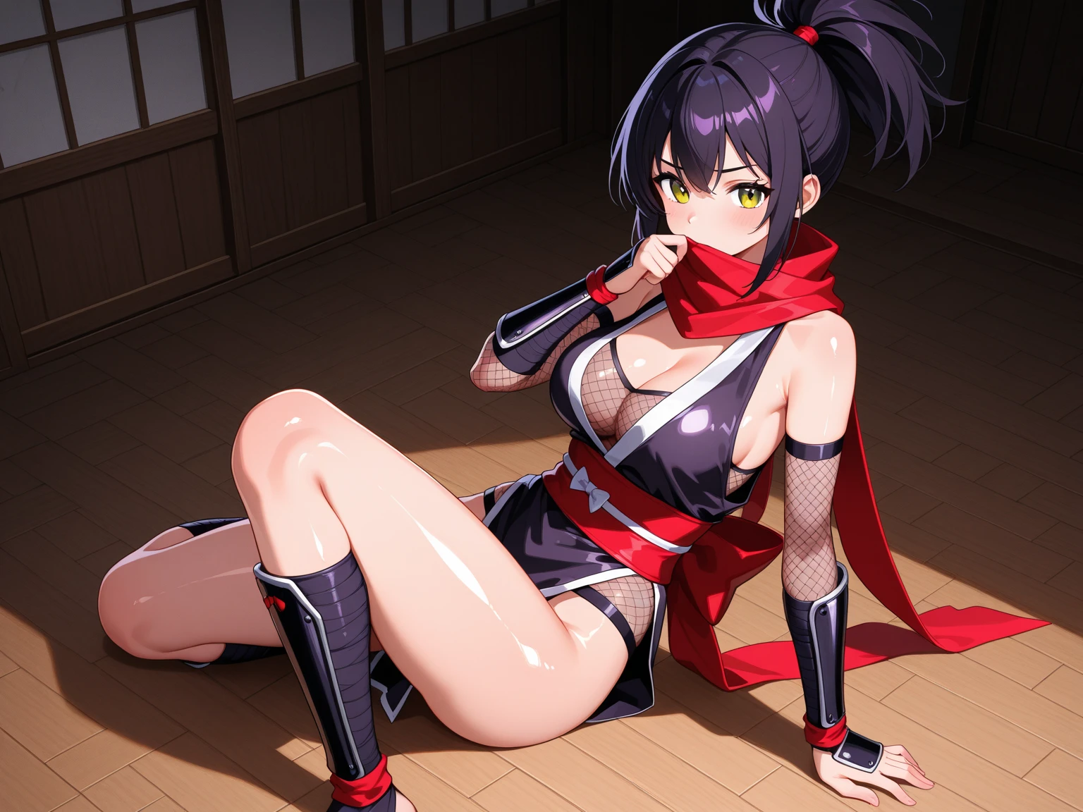absurdres, highres, (official art, beautiful and aesthetic:1.2), ultra detail, beautiful person, mature female, 1girl, ninja, 
narrow waist, wide hips, choker,
black gloves, pelvic curtain, upskirt, white thong, pantyshot, sitting,
Black_hair, Short_hair, (black_eyes:1.1), bare shoulders, sleeveless, black outfit, (red_scarf:1.4) around her neck, <lora:mai_shiranui_All_outfit-KK77-V3:0.4>,  <lora:jean_divineElegance:0.6>