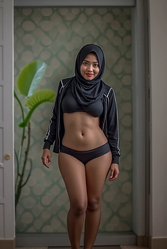 Bikini huge 52 years Old, Hijab Indonesian mature woman, Big  : 96.9, Long-sleeveles Shirt, Slim body, Breast about To burst out, at School Corridor, Bright light, at Daytime