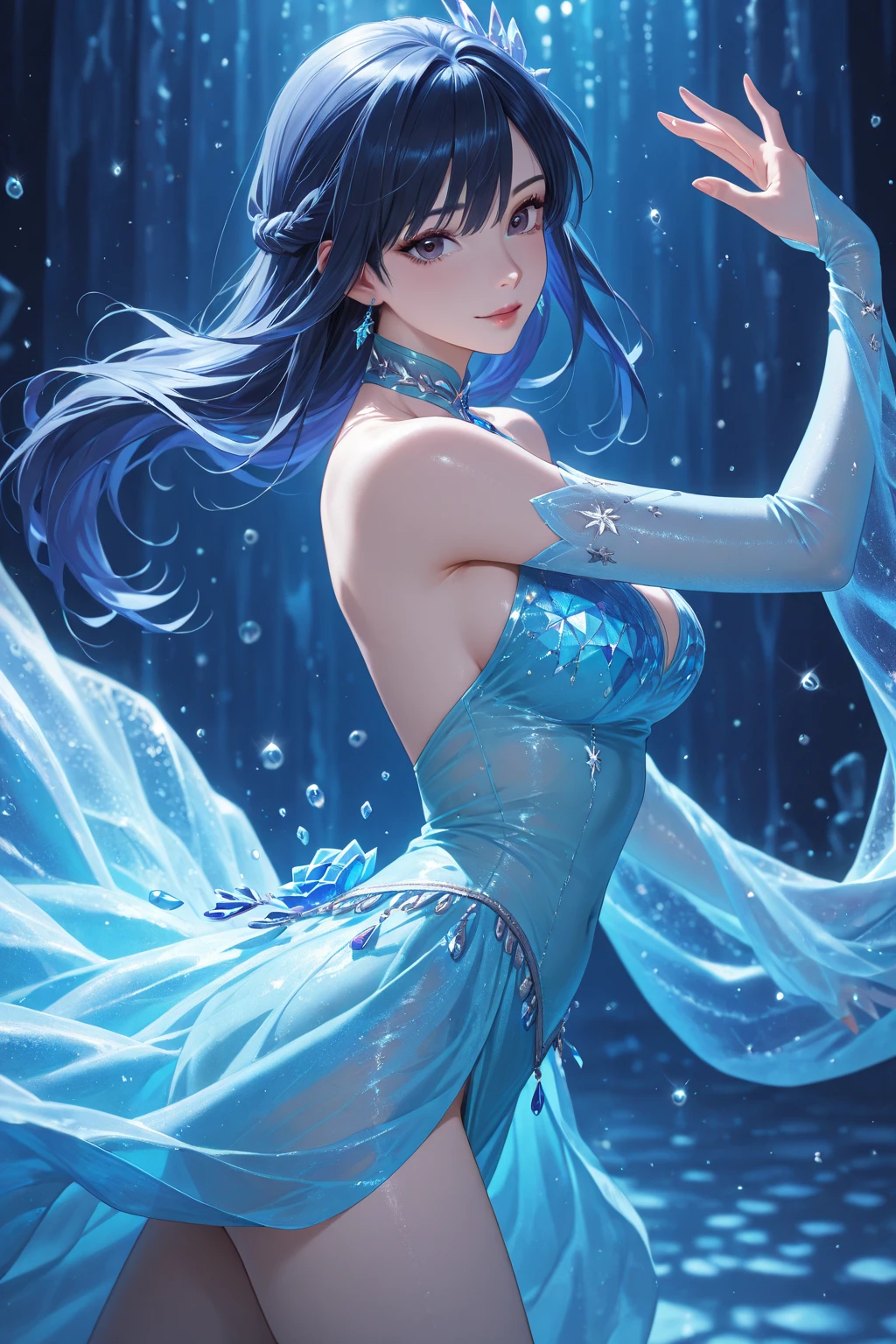 (highest quality, 8K, 32K, masterpiece, UHD: 1.3), 1 female, (Oversized: 1.3), perfect figure,, (attractive), (Sheer skin)) 、((((Transparent see-through dress))))、see-through dresses、lace sheer dress、Transparent dress、Sheer skin、Transparent dressを着た美しい裸の女性、solo、best style、big breasts、The most beautiful in the world、unparalleled beauty、long hair、 ((blue bathhouse)),、Blue lighting. concept art stunning atmosphere, blue atmosphere, beautiful concept art, Dark Majestic gorgeous public bath,、(blue water辺、blue water)、blue stone、blue stone、blue reflection、Cyan color、get wet in blue water、Blue light、blue flower、Blue roses、Blue World、Expressive、sexy pose、sexy design