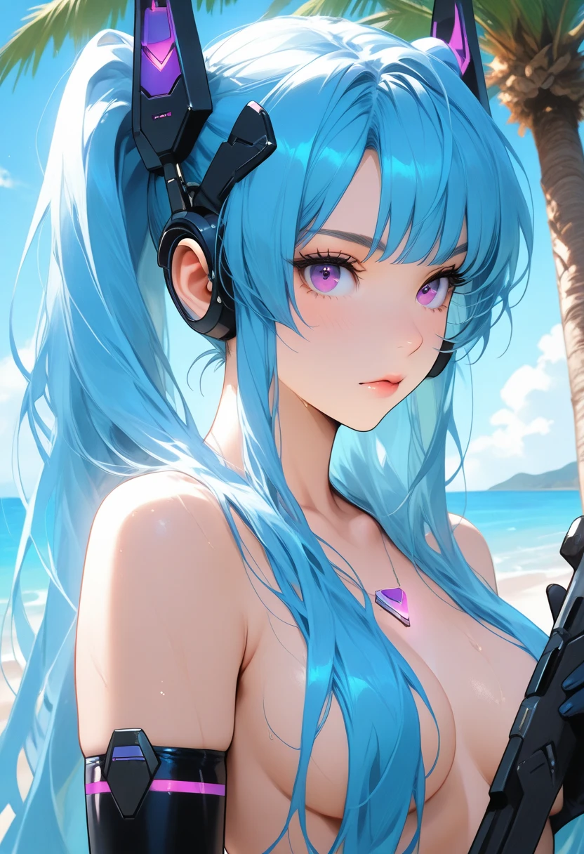Highest quality、Highest quality、Masterpiece、girl((20-year-old、as soon as、Highest Bust、Medium Bust、Wide open chest、Red glowing eyes、Light Blue Hair、Disheveled Hair、Loincloth、thin、The best valley、Open chest、Full body view、NSFW((Upper body naked、Lower body naked))、headphone、Embarrassed face、Lying on your back、Completely naked))、high quality、Beautiful Art、background((Ocean、Wave、beach、Palm tree))、flight、Flying Debris、Depth of text、movie、Visual Arts、Perfect Art、8K、Genuine、Special Angles