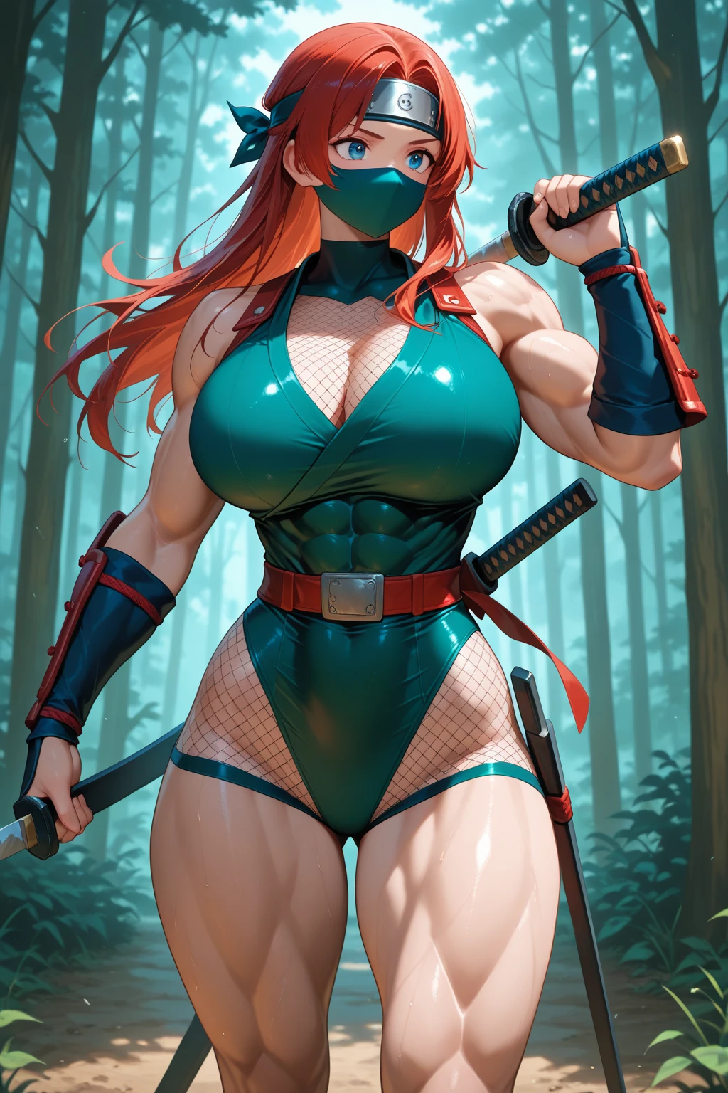 Full body image of 1 Female ninja costume, Gigantic Breasts, (long red hair, movement in the wind) and (green eyes), she is wearing Hannya Mask, covering her whole face, looking at the viewer, well defined and uniform body , she is in a Japanese battlefield of the Ninja feudal period, raining, her body is all wet, Unreal Engine 5, Tokusatsu, masterpiece, 16k, award winning, best quality, high details, textured skin, UHD, masterpiece, anatomically correct