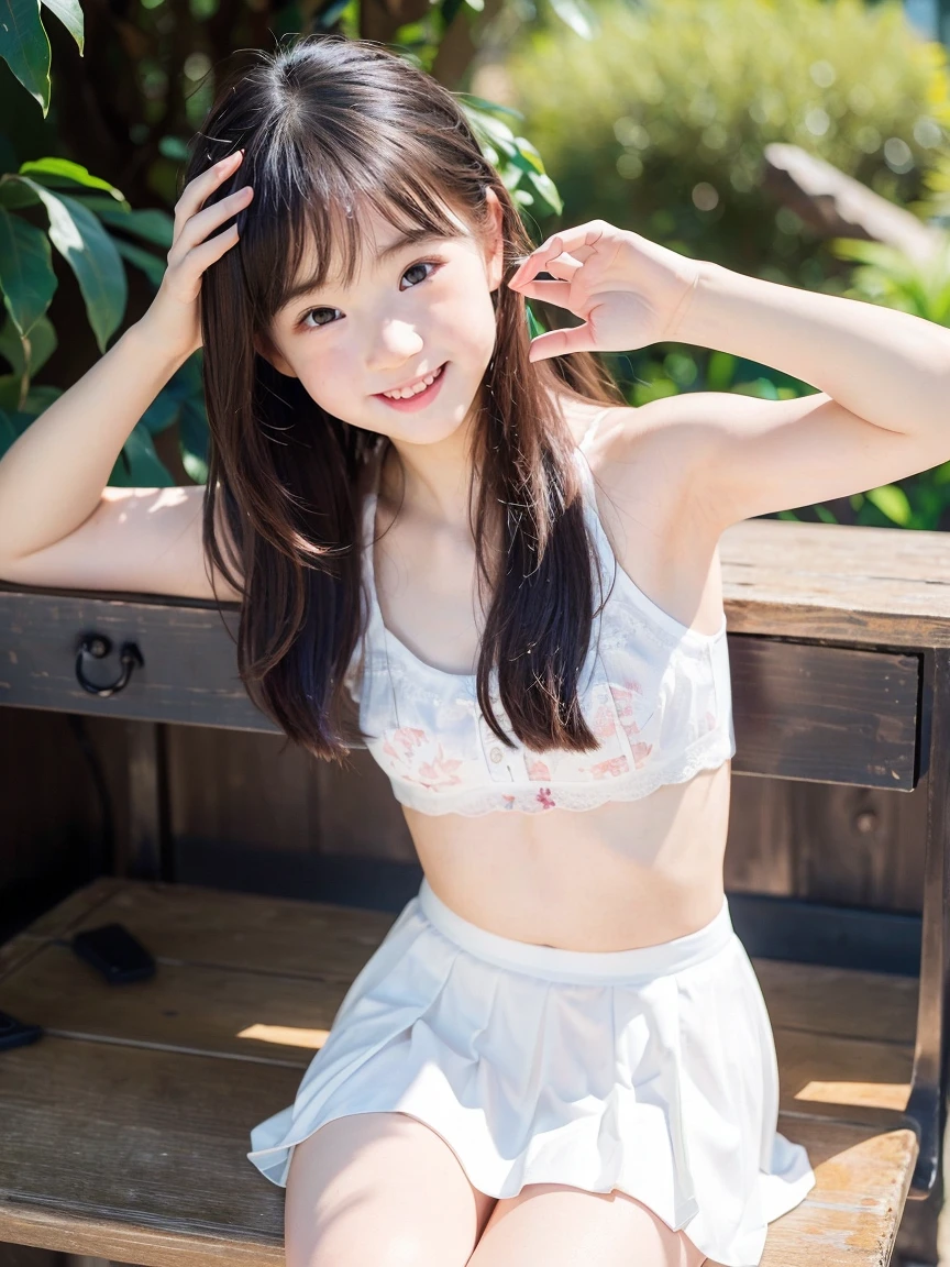 (high-definition CG unified 8K wallpapers)、(шедевр)、(Top image quality)、(ultra-definition)、(Best Illustration)、(The best shadow)、(Realism:1.4)、(PureFace_v1:0.5)、Real human skin、lensflare、Sunnyday、Back lighting、Many flowers、naturallight、Hard Focus、Deep Focus、((non-blur))、(gaze at the viewer)、Shot from a low position、Knee shot、女の子1人、(Younger than 12 years old)、独奏、Sunburned skin、Petite and thin girl、Beautiful fingers in every detail、Glossy ordinary nails、thin thigh、(Very young Japan beautiful girl)、small nostrils、A clean and healthy smile、(Smile)、Soft lips、pale cherry colored lips、(Bright eyebrows: 1.4)、shiny large black eyes、Chest flat、(Flat-chested: 1.4)、(medium or semi-long black hair,:1.1)、(Beautiful girl with cute loli face:1.6)、cute and big eyes、(The corners of the mouth rise:1.4)、((Raise your hand to show your beautiful armpits clearly))、Triangular sitting with open feet、facing front、lightly dressed、(1 light white camisole)、Skin shines through clothing、Clothes are soaked and see-through、lightly dressed、((light colored short spats that are thin and fairly tight:1.2))、Plump round face、Sky with beautiful details、Summer coast、(smile shy:1.8)、cheeks are reddened、Eyes for hollow details、Floating hair、large eyes that are symmetrical、Protrusions、hair clips、Rat trail section、Inside the thigh、Hamstring、No face makeup、No makeup、No shoulder-to-arm clothing、Cool colored outfits for summer、