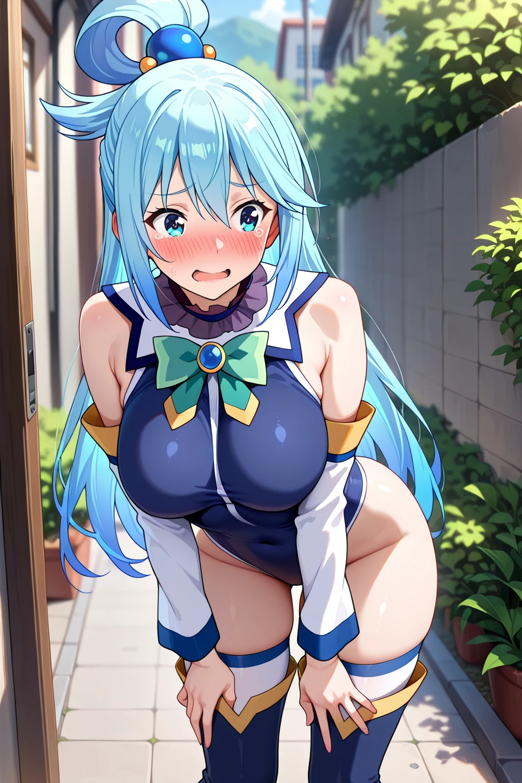 masterpiece, best quality, highres, aaaqua, long hair, blue hair, hair rings, hair ornament, choker, bare shoulders, green bow, blue shirt, detached sleeves, blue skirt, thighhighs, standing, (magic:1.2), (water:1.2), grin,show tits,free the nipple