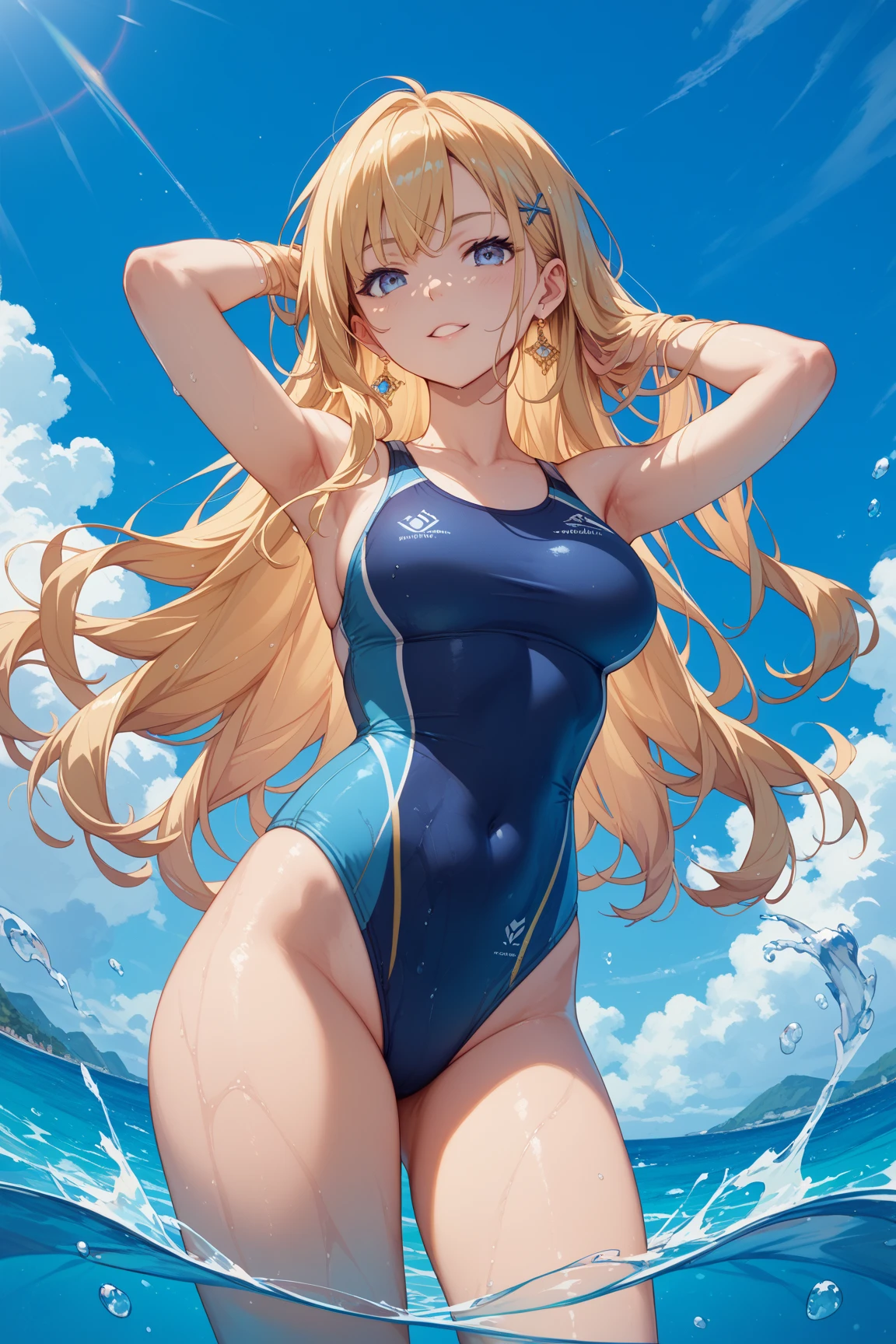 ((​masterpiece))、((Top image quality))、((top-quality))、(((Illustration of one woman)))、(((muscle woman)))、((30-years old))、((neuter))、((Blonde twintails))、Light golden eyes、((Long body))、(((perspiring)))、((Steam wafting all over the body))、((Body wet with sweat))、(((Muscular and strong body)))、((Split abs))、(((muscular and thick arms)))、(((muscular and thick thighs)))、((manspreading))、((Sports Swimwear))、Sitting on a deck chair、in poolside