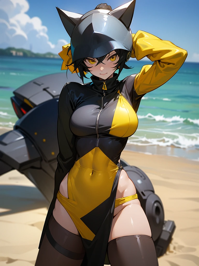 18 year old Celty Sturluson from Durarara in a yellow thong bikini flexing her muscles with her hands behind her cat ear helmet so they are not seen to show off her abs on a white sanded beach, highly detailed