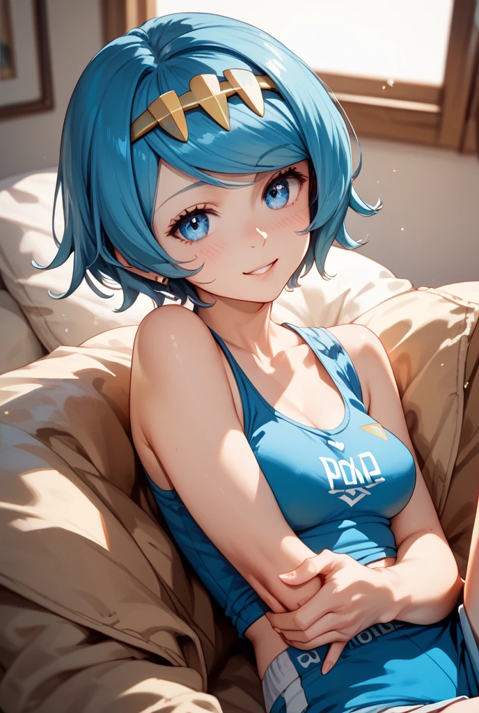 Akira toriyama style athletic girl with blue hair sexy bikini bent over on bed and looking back at camera