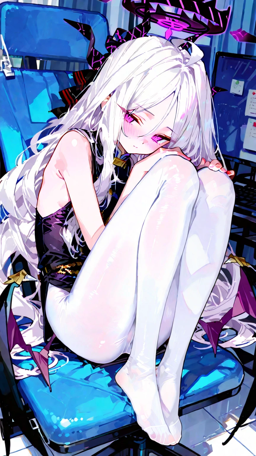Anime girl with fair skin, cat ears, beautiful yellow eyes, 8k, high resolution, looking at viewer, full body, long white hair, docile facial expression, panties, legs lifted, bare legs, smooth thighs and legs, smooth butt, half naked, panties shown with legs lifted to chest, nsfw, 8k, high resolution
