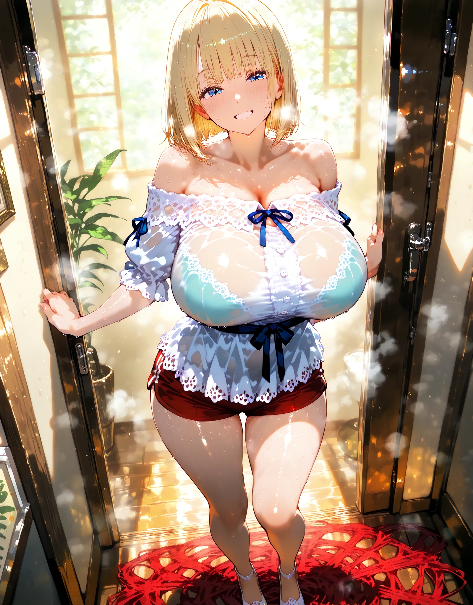 (((masterpiece))), (((highest quality))), nsfw,nude,((Super detailed)), (figure), ((Very delicate and beautiful)), ((Super detailed)), ((High resolution)), (((20-year-old))),,meexpensiveic cloth, (Cheerleader), (Super Heroine), Delicate metal decoration, Glowing Skin, Shiny body, Two legs, breast focus, (((expensive))), Thin legs, ((Big round eyes)), Cute eyes, Droopy eyes, ((Adult)), both hands, Five Fingers, No extra hands, Elegant smile, Braiding, ((meexpensiveic blue)), (See through), (See-through costume),(Dark Blonde), ((Super big boobs)), (Shining brightly), Outdoor, mini skirt, Daytime, ((Biopunk)), (Hair shorter than shoulders), (Medium length hair), Female type, (Clothing that exposes the midsection), garden,(((Lift up your skirt yourself:1.5))),Red micro panties,((Showing panties))