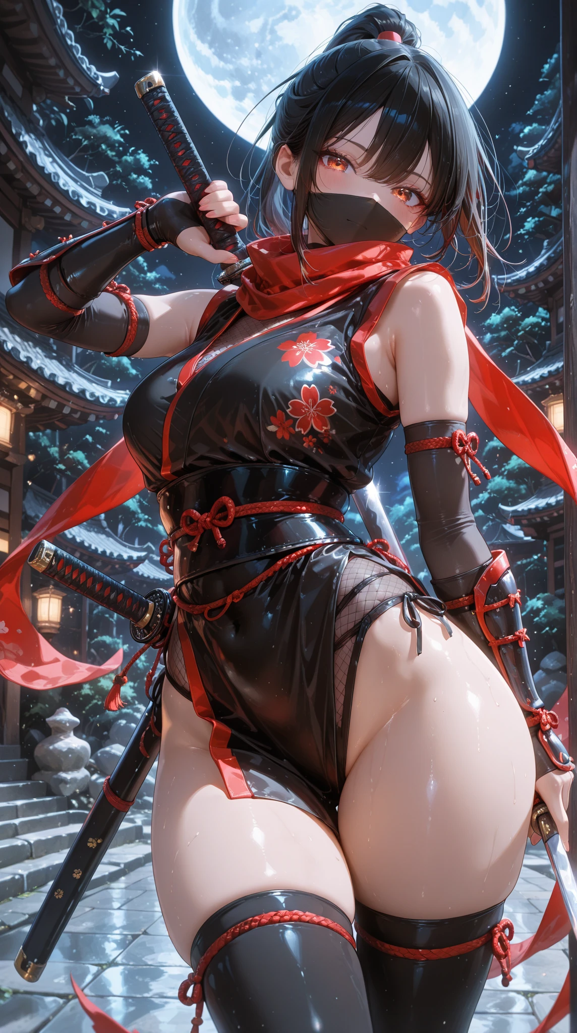 best quality}, {{masterpiece}}, {highres}, Perfect waist cut, Large breasts, Warrior girl with a small short sword on hand, Skimpy organza transparent clothes, organza elements on clothes, net clothes, leather glossy elements on clothes, dark blue hair with red highlights, (perfect nose), Seductive gaze, dark blue knee high boots on high heels with red highlights, (Best Illustration), 8k Resolution, Intricate Details, Best Quality, Realistic, Ultra Detailed, Best Lighting, Best Shadows, Ultra HD, A Necromancer style, Night, Magic, Dark Style, Vampire, (shining red eyes:1.6), masterpiece, high_res, Beautiful face, tyndall effect, photo realistic, (high detailed skin:1.2), 8k uhd, dslr, high quality, Photograph, high resolution, 4k, 8k, Bokeh, absurdres, ponytail contorted, best ratio four finger and one thumb, front view, dark blue hair gorgeous, perfect proportional skinny fitness body, full body view, wet skin, wet clothes, dark cathedral baground scenery, huge bobs, belly muscle, long fit perfect legs, fishnet dark red Stockings, realistic reflection in the water