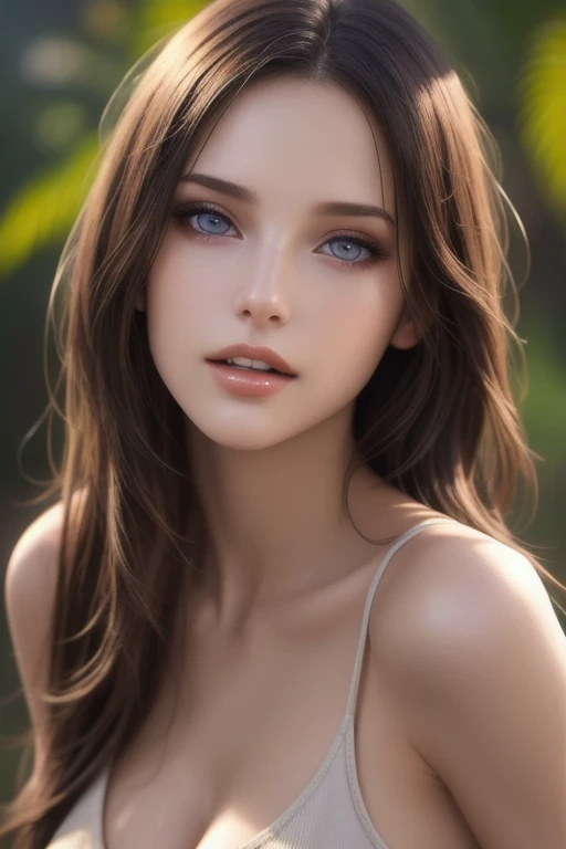 Masterpiece, Young Beautiful Girl has long hazel hair and green eyes, 1girl, AS-Adult, long-haired, hazel hair, small-breasts. Green eyes, wavy-hair, no bangs, symmetrical face. She wears a purple short dress. (Best Illustration), (beautiful-detailed eyes), (Best Quality Face, Fingers), Symmetrical, smooth, sharp focus, illustration, realistic, artstation, award winning photography, octane render, cinematic lighting from the right, hyper realism, octane render, 8k, depth of field, 3D. She looks at the viewer. Full figure. Background mountains. She is into a lavender field.