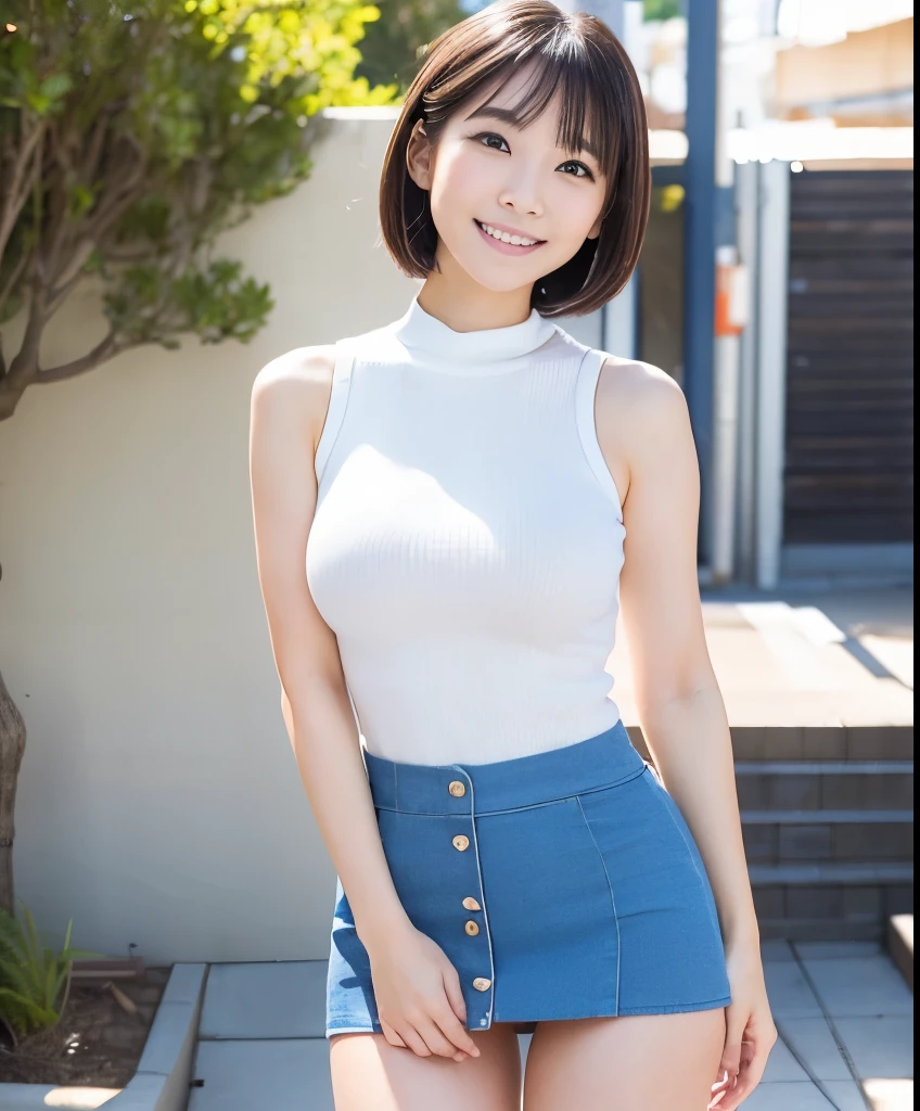 Highest quality、8k、masterpiece、Ultra-high resolution、Clear photos、Professional Lighting、Natural light、Realistic,、Highly detailed skin、Perfect Anatomy、One Woman、Age 35、Baby Face:1.6、Large Breasts、(Large areola)、Large erect nipples:1.2、Glamour、Very short bob hair:1.8、Brown Hair:1.8、Beautiful Hair、Thin legs、smile、Embarrassed expression、(Sleeveless knit:1.1)、(Perfect Pantyhose:1.2)、turtleneck、Tight micro mini skirt、In the hotel lobby、Standing pose、(Skirt Lift:1.4)、(Photograph from head to toe)、Exposed thighs