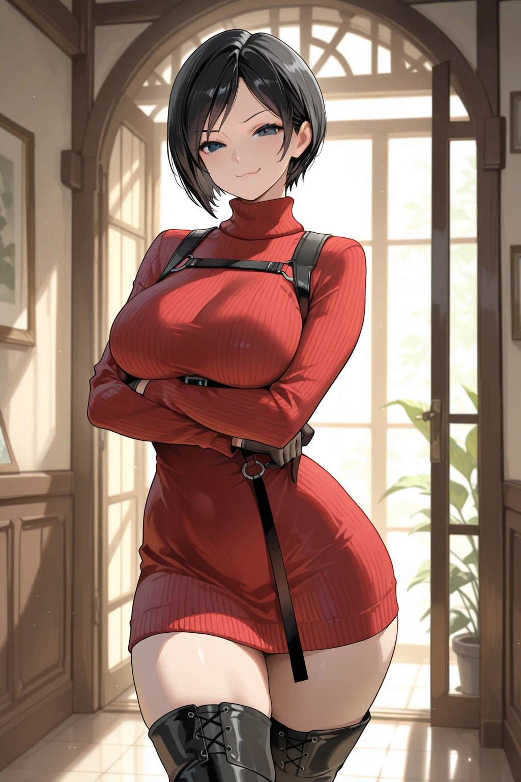 score_9, score_8_up, score_7_up,, <lora:AdaWong:0.8>, RE4, black hair, red sweater dress, turtleneck, ribbed sweater, thigh high boots, pantyhose, harness
