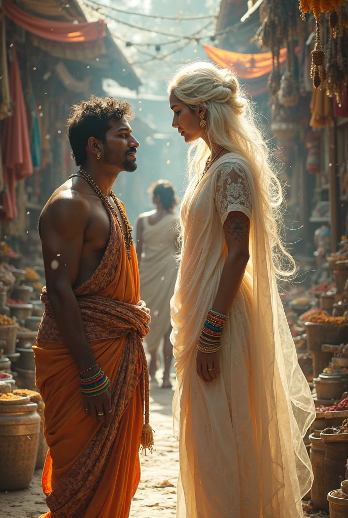 Indigenous man of Peruvian appearance kneeling beside a blonde-haired European woman of royalty