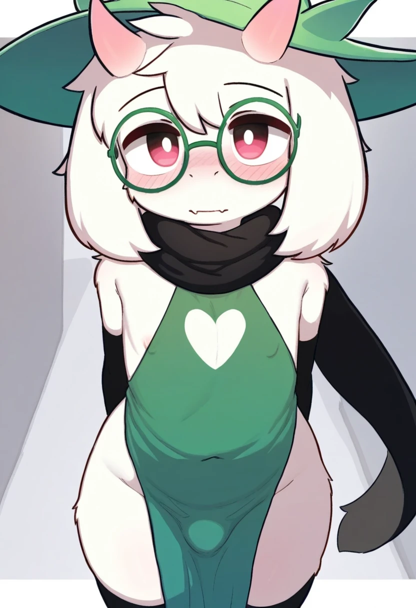 solo, chibi kemono, art by dagasi, (toddler:1.1), beautiful girl, Uploaded to e621.net, (Pixelsketcher), (wamudraws), (masterpiece), (HD), (high res), (feet visible), (anthro), (detailed thin fur), (detailed shading), (beautiful render art), anthro Ralts, (toddler Ralts), (hair covering eyes:1.2), red eyes, glowing eyes, neon eyes, hair at nose length, (white thin fur), [(slim figure, flat chest, skinny)], (curvy hips), (beautiful legs), (wearing lace lingerie, beautiful and detailed lace lingerie, lace stockings, garter belt, matching lace panties), [transparent lingerie], (really dark night:1.5), [zero lighting], northern lights in the background, full face blush, heavy breath, shy expression, Ralts, posing in a buddhist temple