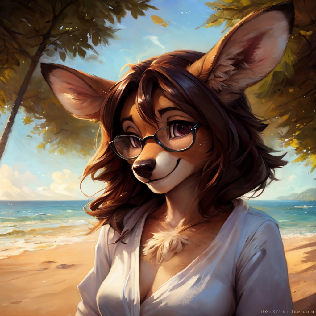 uploaded on e621, by Pixelsketcher, by Bayard Wu, by Thomas Benjamin Kennington , by Einshelm, by hioshiru and kenket, Chunie, portrait, solo anthro female deer doe, with small featureless breasts, clear dark blue, cinematic lighting, day, sunny day, beach, stays in the sea, sea background, mediterranean background, horizon background, shiny, short curly dark brown hair, wears big black nerd glasses, very very beautiful furry art, furry art, smiling, joyful, shiny, happy, feminine, cute face, muzzle, fluffy chest, flawless face, Fallow deer, 1girl, Sakimichan is beautiful, Masterpiece, Wavethesallow Face, shiny, Detailed image, portrait, Detailed image, portrait, full body, wearing wide, long, white blouse, shiny, realistic face, perfect ???????, hourglass body, (furry body:1.1), anthropomorphic deer, small fluffy tail, detailed background, (cute anatomy:1.1), windy, smiling, very happy, happy