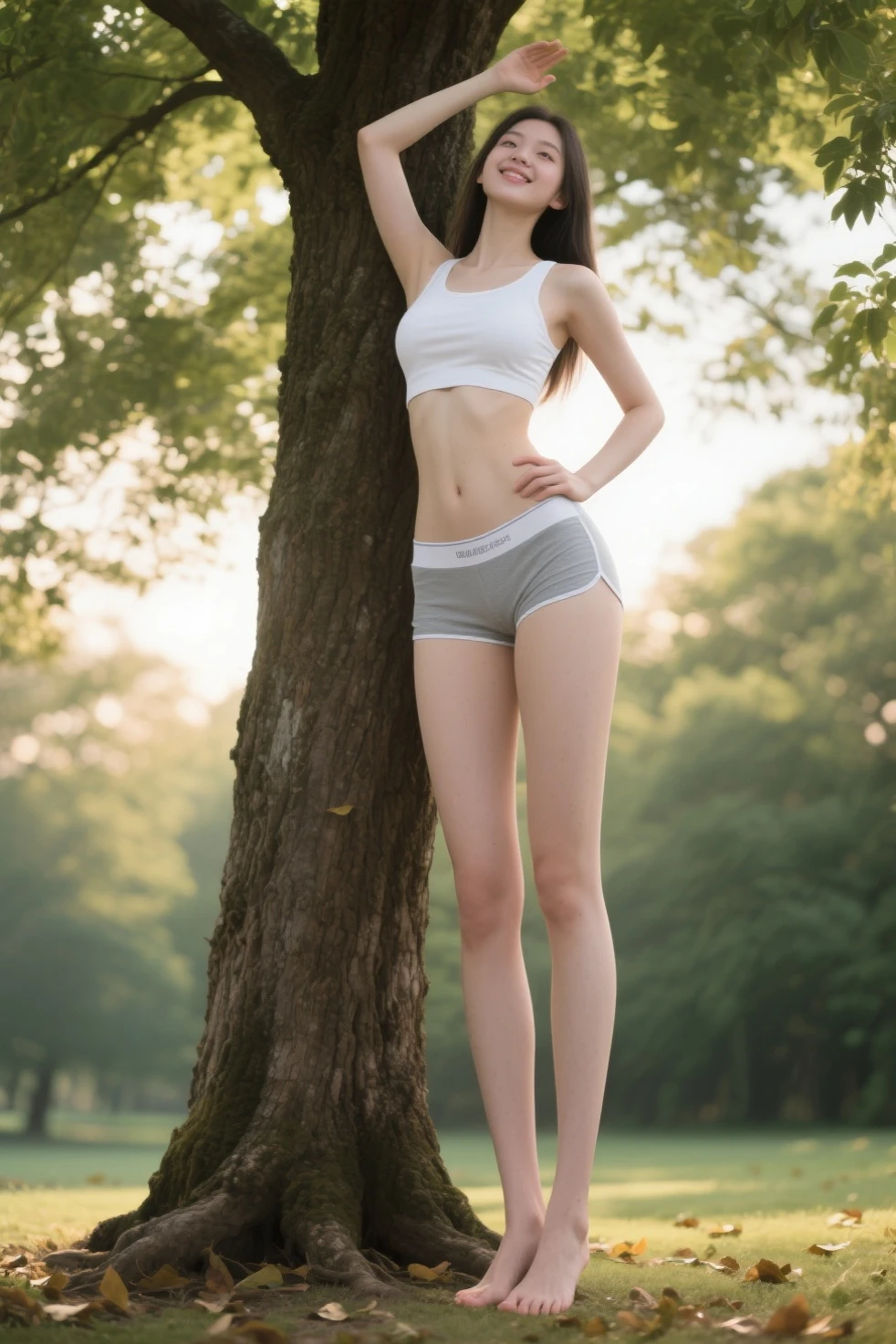1 girl,3d,((blonde hair)),(lingerie),tying panties,highres,depth_of_field,(autumn maple forest:1.3),(very few fallen leaves),(path),dusk,nature,night_sky,from_below,<lora:Qlan:0.8>,