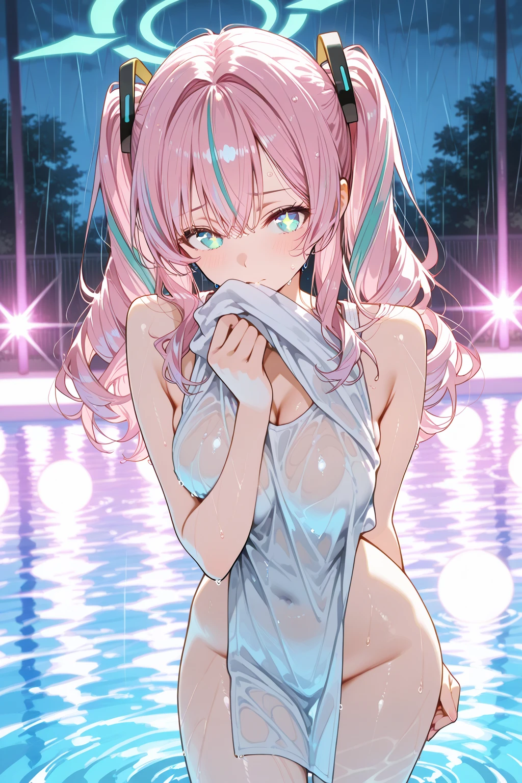 highest quality,wonderful,finely,extremely detailed CG Unity 8K wallpaper, (1 girl, blue eyes), (flat breasts:1.2), (black school swimsuit:1.3), (bare shoulders:1.1), (clavicle:1.1), (?????:1.2), (loli:1.2),(?????:1.2), (zettai ryouiki:1.2),(constriction:1.2), (Are Standing:1.2),(Nipples),(Nipples visible),  ((???,?????,?????)),(((??? on face))),((??????????? semen)),((??????????? cum)),(((bukkake))),pink hair,arms up,armpit,locker room,(((??? on body))),(((sukumizu)))