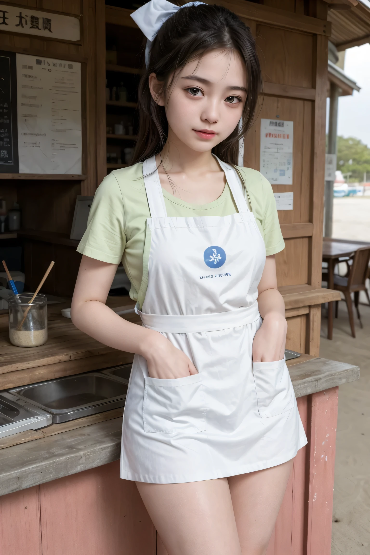 20 years old girl (Japanese cute face) is wearing mini skirt and white apron and working at the cafe with sunflowers