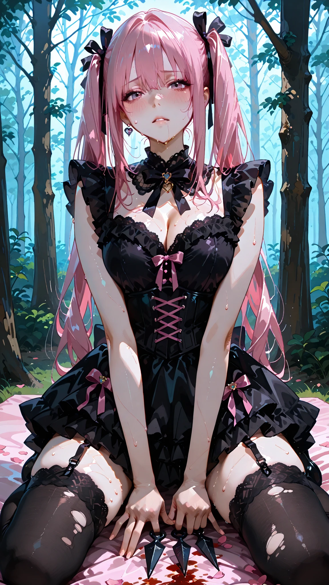 Pink Hair、Green Eyes、Black clothes、Black Ribbon、Black garter stockings、Big Breasts、Perfect body