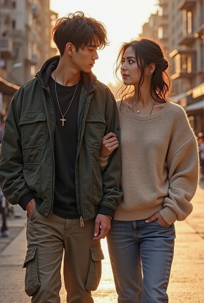 Create a realistic girl with brown hair, and with loose clothes being hugged by a boy who is behind her hugging her waist and on the girl's shirt is the following phrase "Whirlwind romance"