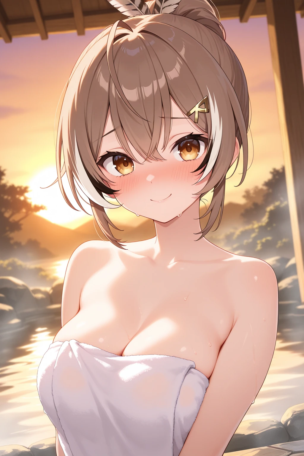 CG, Unity, 8K, wallpaper, Highest quality,sunlight、Perfect lighting、 masterpiece, Amami Haruka, (smile: 1.2), 1. high school girl、Brown Hair、Curly Hair、blue eyes、Thick lips、((naked、Nipples are visible:1.5))、 BREAK Denim Shorts, naked足, Thighs, Best lighting, Complex pupil, Intricate weaving, Detailed Background, Japanese countryside,Pool、evening、sunset
