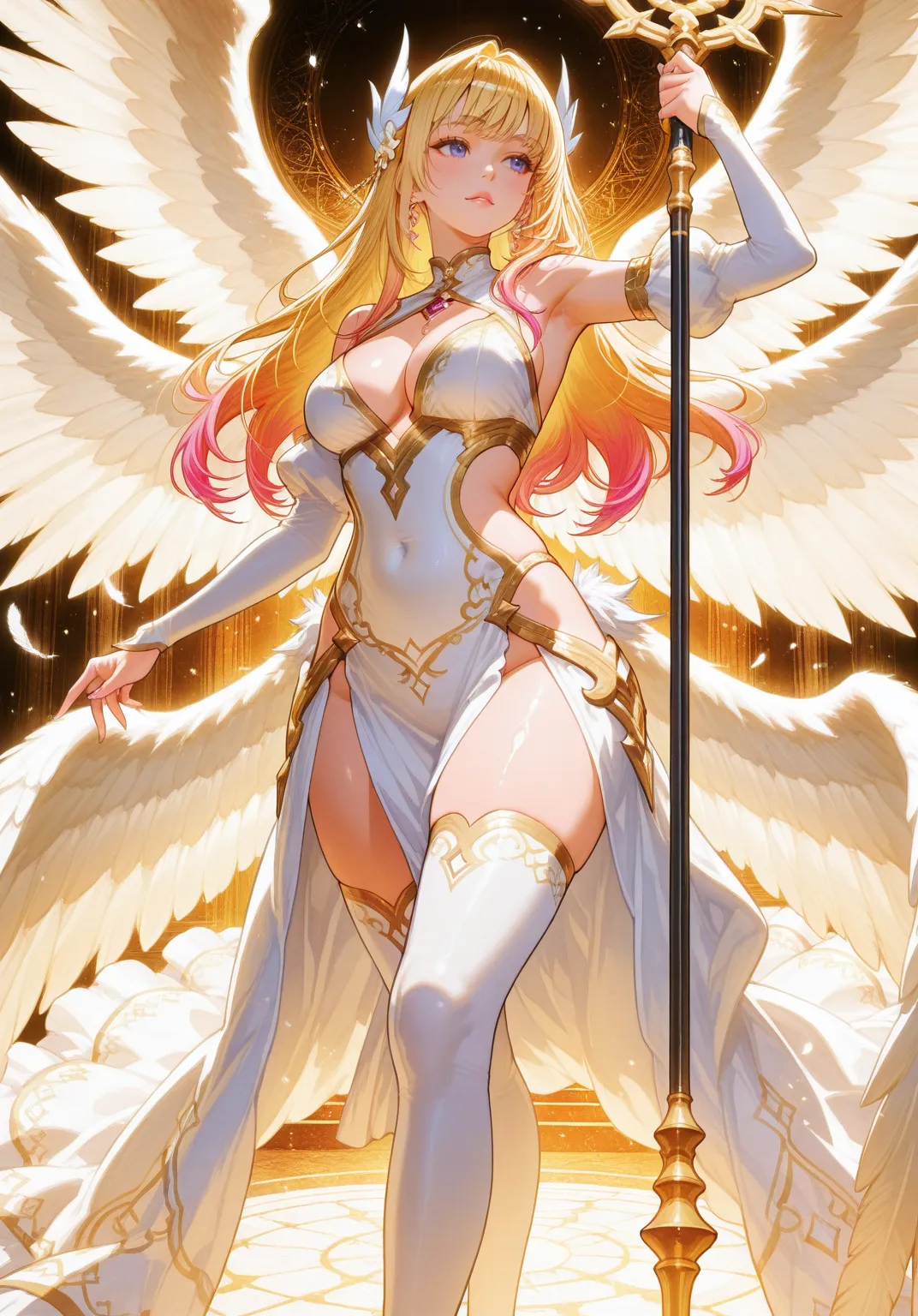 High Priest,Valkyrie,Angel Wings,navel,Side chest,complex,Light Particles,thigh,Shiny skin,perfect ligthing,1 Girl,,(((Large Breasts)))Breast sagging、Low-cut(((Cleavage )))、(((Wide hips,)))(((Hourglass figure)))((Long legs)),Looking at the audience,winged headdress,Pelvic Curtain,Smile,(masterpiece),(Best quality),Large breasts,maternal,Porcelain skin,Honey Blonde Hair,Very long hair,curls,Best quality,Perfect face,Fingers of normal proportions