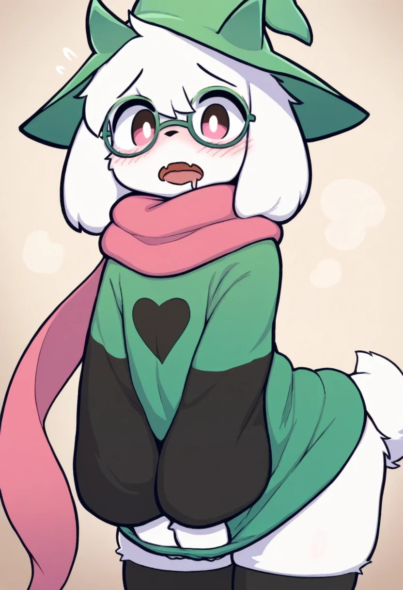 Solo, outdoors, detailed background, sitting, blushing, (ralsei \(deltarune\), goat, white fur, pink horns, pink eyes, green glasses, green cloak, black sleeves, pink scarf, balls, sheath), by hioshiru, by braeburned, by oxfort2199, by plattyneko, extremely detailed, detailed shading, soft shading, volumetric lighting, natural light