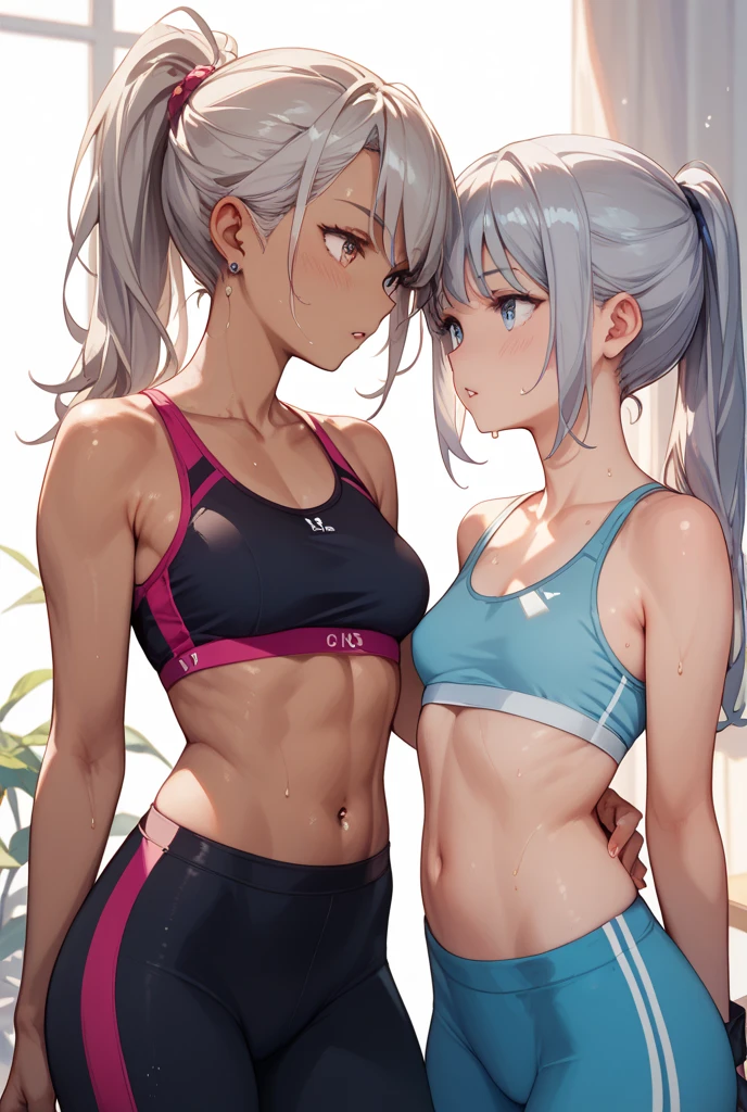 （Sweat, White skin:1.5、Light gray sports bra, ）, cameltoe, Fitness, , ((ブラにSweat染み:1.5, Sweatで濡れている, Sweat染み, stain on grey sports bra:1.5)),Big Breasts, Sturdy body、Spread your legs
