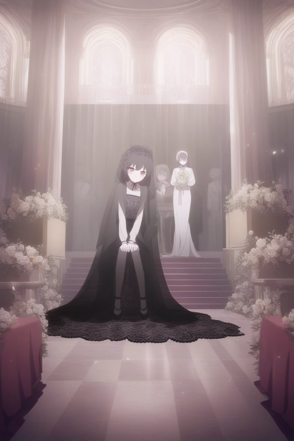 Black haired woman with red streaks,white skin with black eyes,hair on raised tips with short hair with a wedding veil on a white wedding dress,on the way to the altar,A black-haired man is waiting for her there.