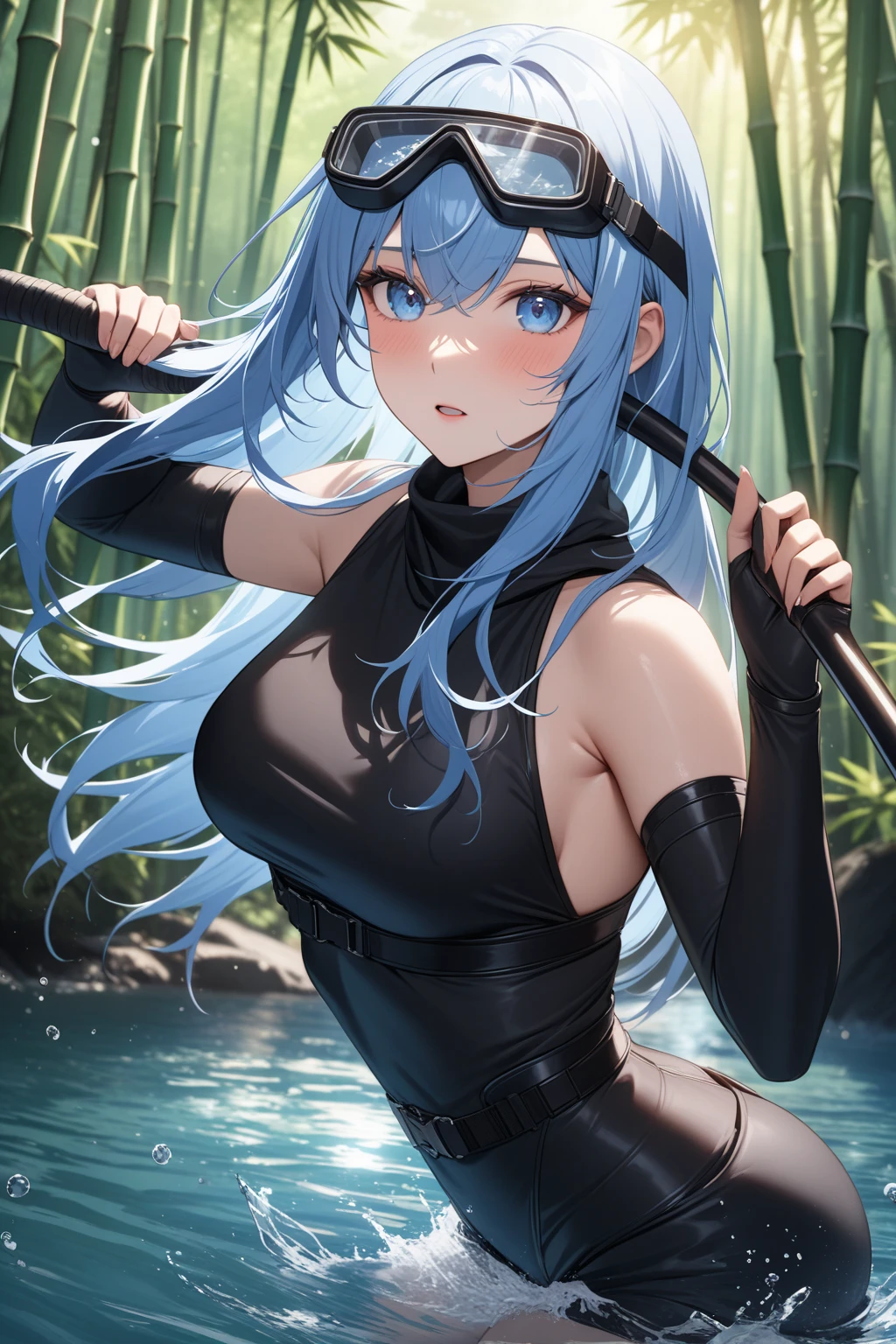 upper body, 1girl, wallpaper, light particles, beach, background, look at viewer, (ninja), light blue hair, long hair, ponytail, white eyes, serikaswim, ninja mask