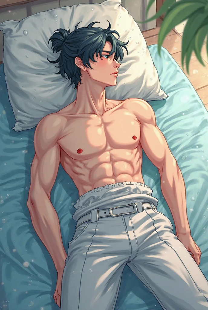 caucasian male in white underwear lying in bed, sleeping with his arm raised, shirtless, super muscular, sweating profusely, drenched with sweat, panting, smiling