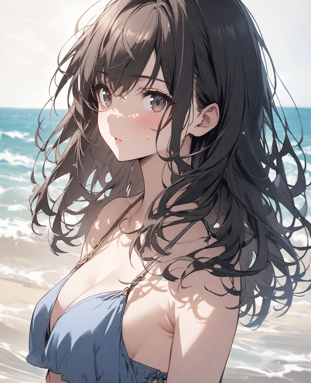 On a beach there is a woman looking with her back to the viewer. TO BREAK With a detailed, neutral expression of blue eyes. TO BREAK Behind her, blurred, long brown hair. TO BREAK The most suitable effect for this scene would be a watercolor painting technique to capture the softness of the meadow and the fluidity of movement. BREAK 1woman, brown hair, blue eyes, neutral expression, Water particles, High contrast, Coloring, white skin, blue eyes, wavy hair, long brown hair, bikini outfit, beach coat, beach vibe.