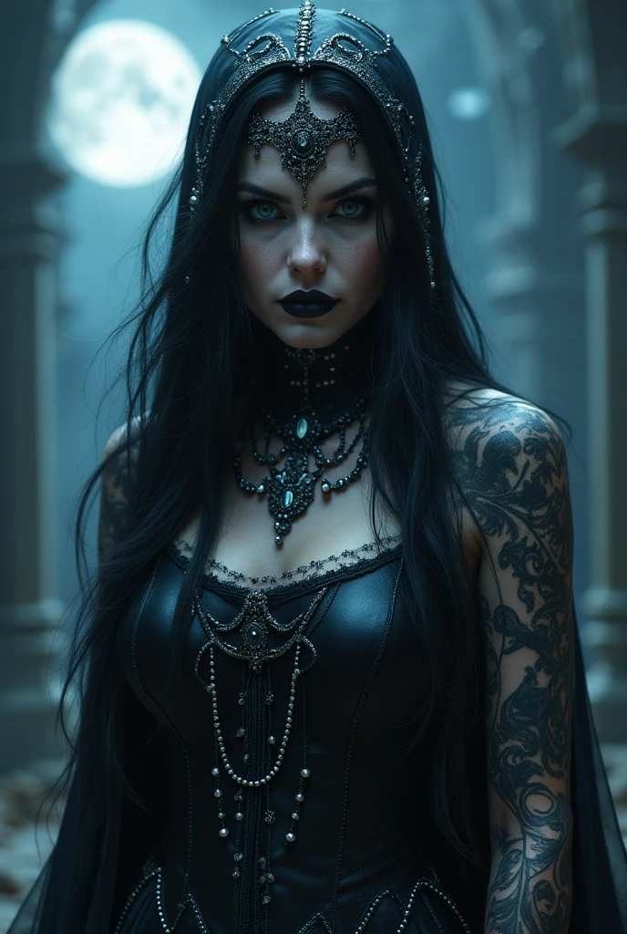 Create a dark, gothic fantasy scene featuring a demonic woman with a grotesque and nightmarish appearance. Her long, flowing black hair contrasts sharply with her torn, skeletal face, revealing intricate cybernetic components and a glowing green eye. In one hand, she holds a large, bloodshot eyeball, seemingly ripped from her own face, with sinews and veins still attached, adding to the horror.
Her bare back displays a series of intricate tattoos depicting hauntingly beautiful faces and twisted, skeletal forms, merging seamlessly with her exposed spine and ribs. Her other arm, covered in detailed tattoos and scars, is adorned with various bracelets and chains, enhancing her menacing look.
The background should depict a shadowy, decrepit hall, with chains hanging from the ceiling and broken tiles on the walls. Blood spatters and cracks in the tiles add to the eerie atmosphere. On one side, a monstrous creature with sharp teeth looms, partially obscured by shadows, while fragments of broken glass and mechanical gears litter the ground.
The lighting should be dim and ominous, highlighting the woman's monstrous features and the gruesome details of her surroundings. The overall composition should evoke a sense of horror, blending elements of gothic and cyberpunk to create a haunting, otherworldly scene.