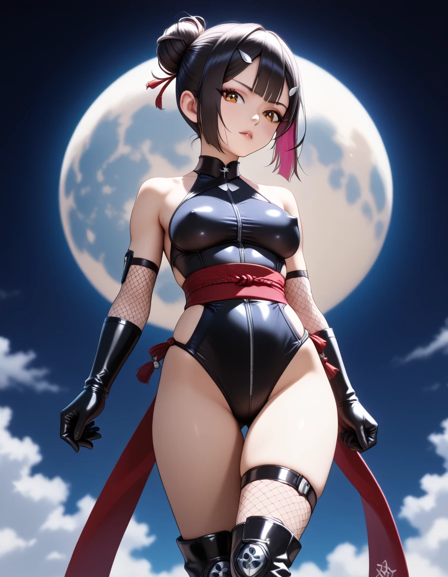 (Highly quality, masterpiece, detailed), Night city detailed scenario, night city detailed background, 20 years old girl, black hair, 1girl, CindyMoon, cindymoon, close-up, upper body, short hair, Black top, white top, black botton, white bottom, long bottom, spider web print, Crop top, Red scarf, Long Sleeves, Gloves, red finger gloves, Abdomen, Expressionless, sitting on top of a building, Navel, beautiful eyes, perfect eyes, looking at the viewer, Sexy pose
