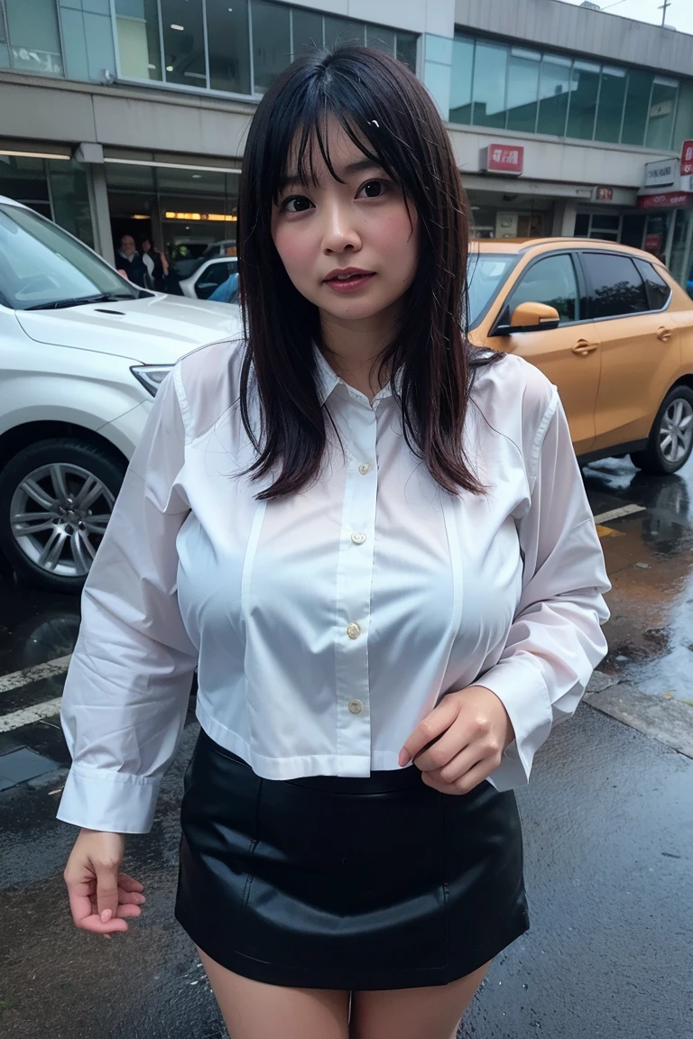A very big breasted woman in a sexy dress is pushing a baby carriage on the street, everyone is looking at her breasts