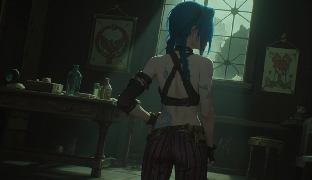 ((Best quality)), ((masterpiece)), (highly detailed:1.3), 3D, arcane style,In the dark and courageous dystopian city of Piltover, plagued by violence and divided into two opposing factions, a young prodigy named Jinx emerges. Having endured unimaginable loss and abandonment, she embraced a life of chaos and destruction. Known for her inventive and explosive abilities, Jinx becomes an icon of rebellion against the oppressive forces that control the city. However, haunted by guilt and battling inner demons, she must confront her past and decide whether to continue on the path of anarchy or seek redemption amid the turmoil. Explore Jinx's journey as she navigates a treacherous world, fighting for survival, unlocking secrets, and discovering the true meaning of her twisted existence, chaos reigns supreme, and at the center of it all is Jinx, the embodiment of unpredictability. Delve deep into Jinx's twisted mind, exploring the origins of his madness and the driving force behind his destructive nature. Unravel the moments that shaped her into the crazed, iconic character we know. Take us on a wild journey through the vibrant streets of Piltover and the shadowy suburb of Zaun as Jinx wreaks havoc with his explosive arsenal. Can redemption find its way into Jinx's fractured soul? Or will she dance forever on the edge of sanity, embracing the chaos that fuels her very existence? Arcane's fate hangs in the balance as Jinx's path intertwines with unlikely allies and formidable enemies. Ignite your imagination and paint a vivid portrait of Jinx's distorted psyche, capturing the essence of her madness and the indomitable spirit that defines it, HDR (High Dynamic Range), Ray Tracing, NVIDIA RTX, Super-Resolution, Unreal 5, Subsurface Scattering, PBR Texturing, Post-processing, Anisotropic Filtering, Depth of Field, Maximum Clarity and Sharpness, Multit Textures